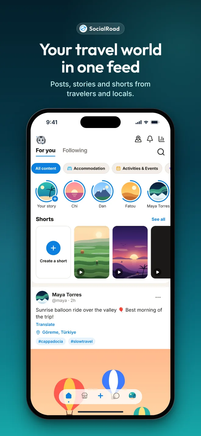 Feed — posts, stories and shorts from travelers