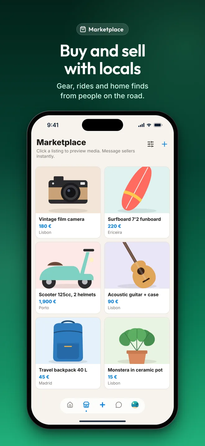 Marketplace — buy and sell with travelers and locals