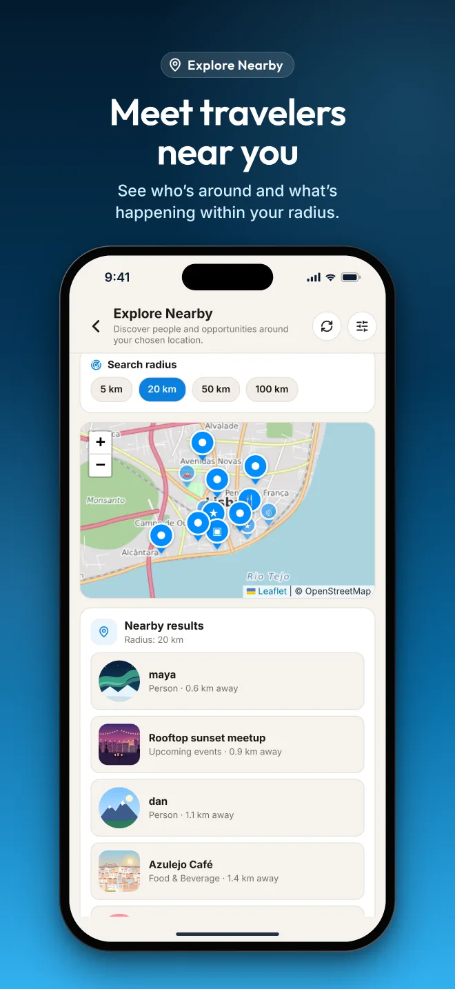 Explore nearby — meet travelers around you